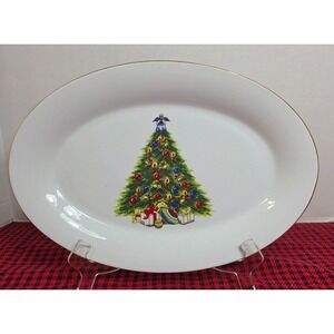 Vintage World Bazaar Inc. Christmas Tree Oval Platter 14" Gold Trim Fine China